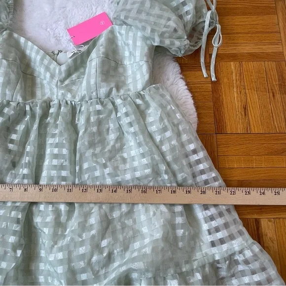 AMANDA UPRICHARD Mint Gingham Puff Sleeve Mini Dress - Size Large - Picture 7 of 9
